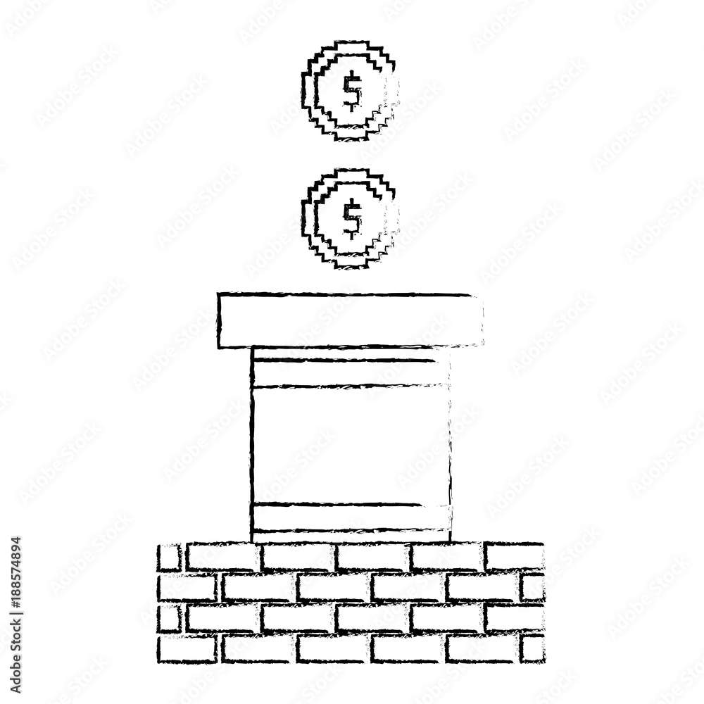 Poster pixeled golden coin treasure wall brick video game vector illustration sketch design