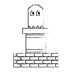 pixel ghost and wall brick game play arcade vector illustration sketch design