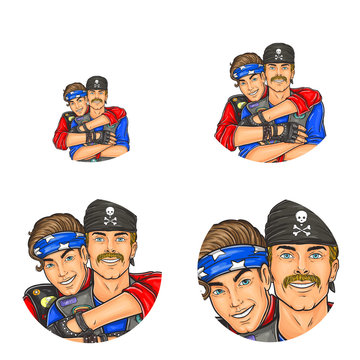 Vector pop art avatars for social network chat user profile or blog account picture icon template. Gay men couple embracing and happy smiling in 60th punk or leather clothes. Retro sketch set