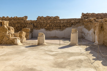 Ruins of the ancient fortress of Massada on the mountain near the dead sea in southern Israel


