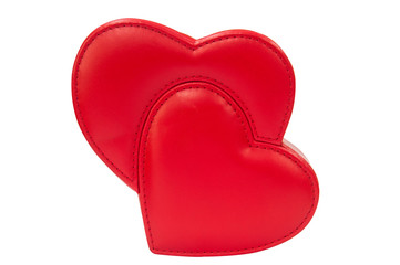 Double red leather heart isolated with clipping path. Lover valentine season concept.