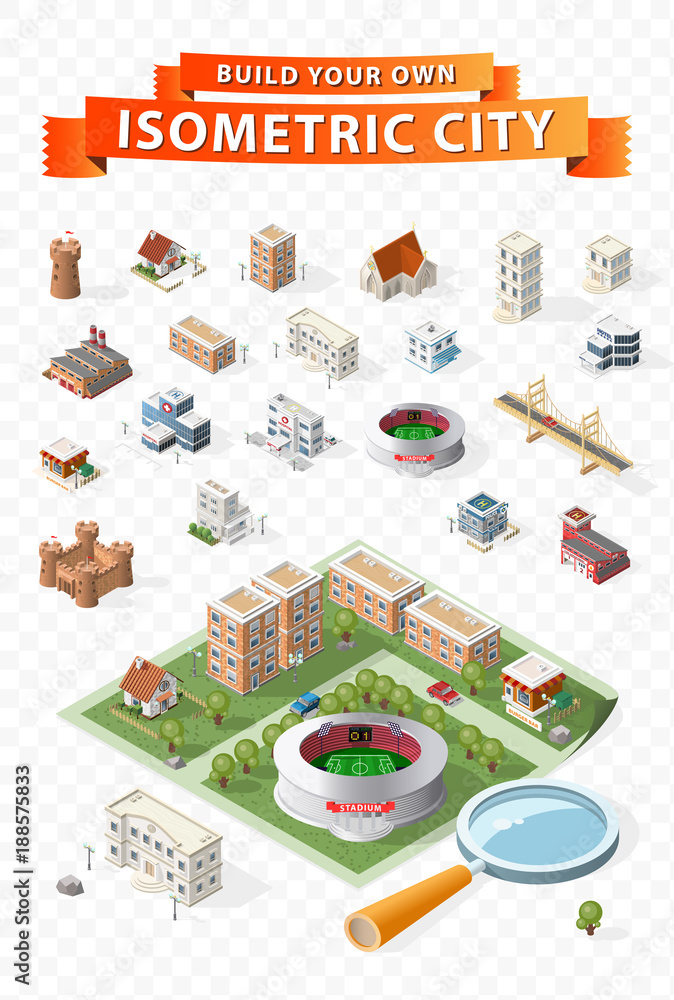 Poster build your own isometric city on transparent background . vector elements