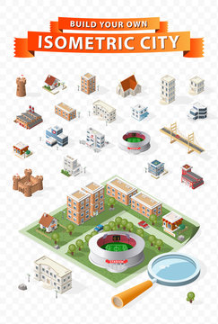 Build Your Own Isometric City on Transparent Background . Vector Elements