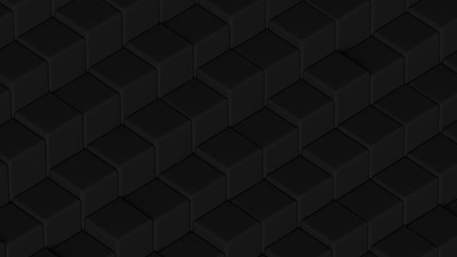 Abstract Geometric Cube Blocks Loop 1B: dark randomly shifting surface of simple clean rounded cubes in step stairway array, darkened dim shadowy dark gray grey black. Seamless loop 4K UHD FullHD.