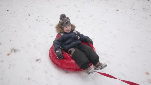 Joyful boy sleds on a sledge