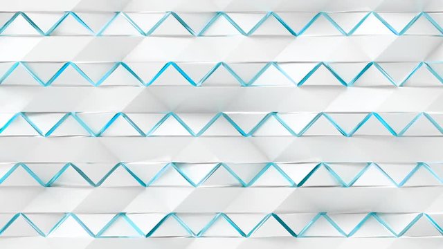 Abstract Geometric Surface Zigzag Loop 1C: light clean soft low poly motion background of waving white triangles, cool blue cyan undulating wave diagonal zig zag edges. Seamless loop 4K UHD FullHD.