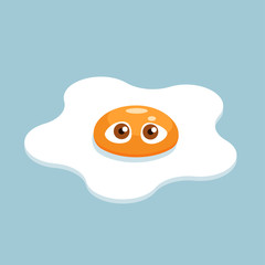 Fried Egg with a Face in a Cartoon Style. Egg white and yolk with cute eyes. Vector Illustration of an Isometric view on a blue Background
