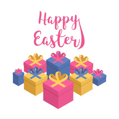 Colorful festive vector card with gifts and congratulatory text happy Easter. Set of boxes with gifts Isolated from white background in Isometric. festive concept