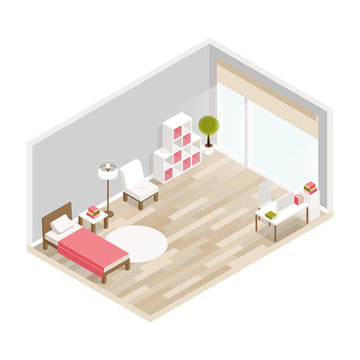 Bedroom isometric design with bed,workplace,bookcase,carpet.City hotel flat color illustration.Isometric living room.Isometric luxury interior for bedroom with bed bedside tables window and decoration
