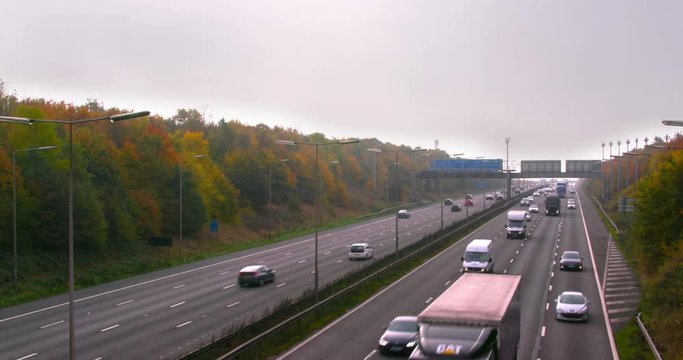 Traffic On M1 Motorway Near East Midlands Airport; Motorway East Midland Airport; Nottingham, England