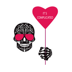 Valentines day background with skull icon and hearts 