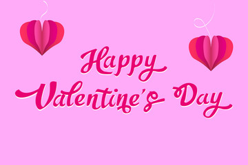 Happy Valentine's Day in frame. Lettering on a pink background with paper hearts.