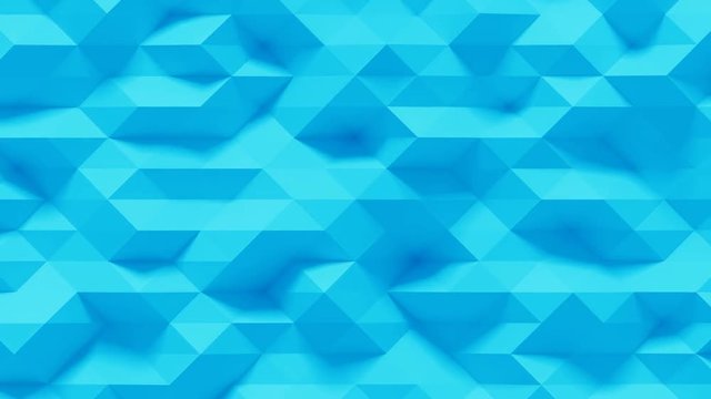 Abstract Polygonal Geometric Surface Loop 4C: blue clean soft low poly motion background of shifting small triangles in bright cool sky blue teal ultramarine turquoise. Seamless loop 4K UHD FullHD.