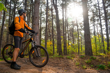 Fototapeta na wymiar Cyclist in Resting with Mountain Bike on the Trail in Beautiful Pine Forest and Looking at Sun. Adventure and Travel.