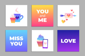 Set of cute gradient templates for valentines day. Collection of flat illustrations with text, heart, cupcake, envelope. Modern neon colors vector design.