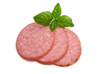 Smoked sausage salami, close-up, isolated on white background.