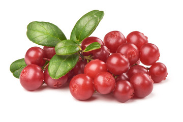 Cranberry with leaves, close-up, isolated on white background.