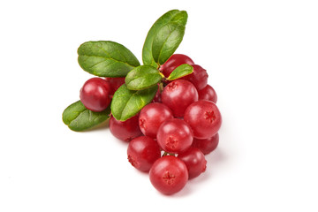 Cranberry with leaves, close-up, isolated on white background.