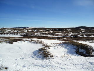  Beautiful snowy winter landscape in Iceland. Blue sky and snow covered ground.