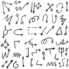 Arrow doodles vector. A set of simple sketches of arrows. Up, down, left, right ones. The effect of a pencil sketch isolated on white background.. Vector eps 10.