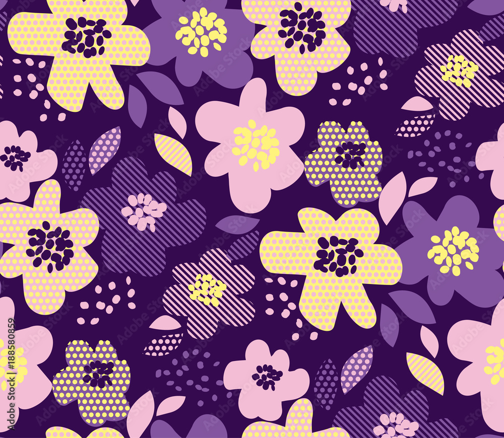 Wall mural luxury floral seamless pattern with geometric texture in deep violet and pale yellow color. abstract