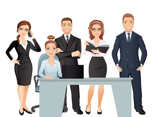 Fototapeta premium Meeting business people. Teamwork. Office employees discussing and brainstorming. / Vector illustration, flat design on white background