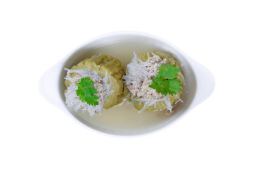 Isolated of Streamed  gourd  wrap vermicelli and minced pork in bone soup .