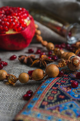 Juicy aromatic pomegranate on the table.