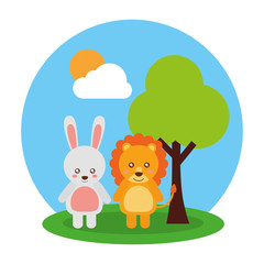 cute animals rabbit and lion tree cloud and sun vector illustration
