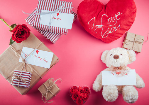 Presents for Valentines day on pink background