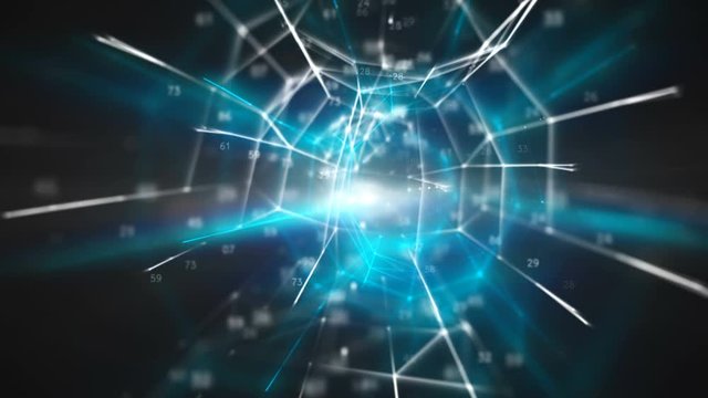 Big Data Network Loop 1C: dark rotating background, spherical center core nexus of bright white and cool cyan blue mesh cloud connections, random percentage numbers. 4K UHD, FullHD, seamless loop.