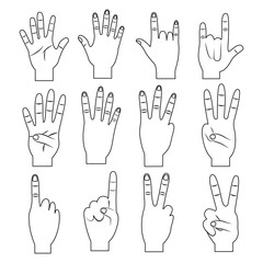 set of hands differents gestures outline design vector ilustration