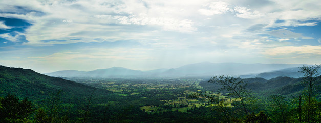 Landscape panorama view, mountain with the fog and cloudy sky in Thailand