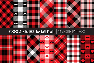 Valentine's Day Hipster Style Tartan and Buffalo Check Plaid Vector Patterns in Pink, Black and Red Hearts, Lips and Mustaches. Kisses & Staches Playful Backgrounds. Pattern Tile Swatches Included.