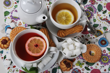hot tea from dried fruit with lemon and honey on a  serviette