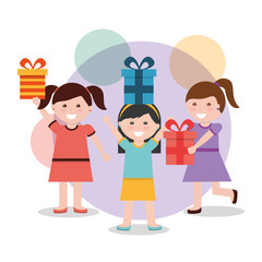 group of happy girls with presents box vector illustration