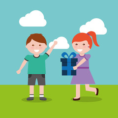 happy boy and girl with gift vector illustration
