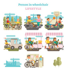 Wheelchair person lifestyle vector illustration collection.