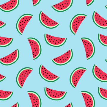 slice of red watermelon on a blue background pattern summer sweet seamless vector