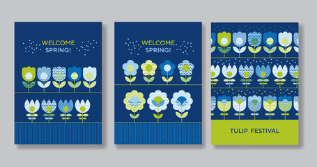 Cute decorative flower poster set for web and print surface design. Green and blue color floral abstract motif in retro style with geometric texture on marine blue background.