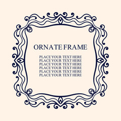 Vintage decorative frame. Elegant ornamental template for design of birthday and greeting card, wedding invitation with place for text. Vector illustration