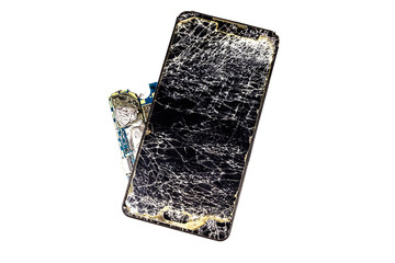 Broken modern smartphone isolated on a white background. Top view