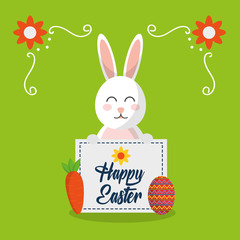 happy easter smiling rabbit with poster and colored eggs vector illustration