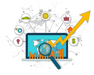 Fototapeta premium Digital bitcoin cryptocurrency. Virtual money. Cryptocurrency concept. Golden coin with bitcoin sign. Growing chart with golden bitcoin. Vector background. EPS10