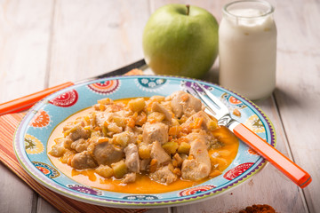 chicken breast with apple paprika and yogurt sauce, selective focus