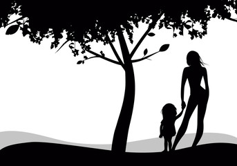 Silhouettes of mother and daughter looking to the horizon under a tree