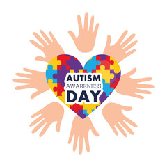 autism awareness day open hands and heart with puzzles vector illustration