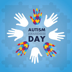 autism awareness concept with hand of puzzle pieces as symbol vector illustration