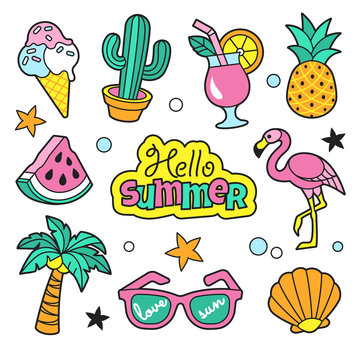 Summer patches collection. Vector illustration of funny summer symbols and icons, such as cactus, flamingo, ice cream, palm, pineapple and sunglasses. Isolated on white.