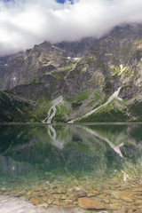 Morskie Oko lake in Polish Tatra mountains on cloudy day in summer